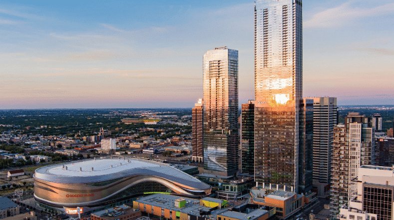 Downtown Edmonton skyline near Ice District