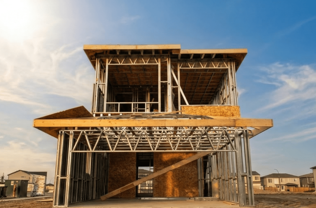Steel frame construction inside a Cantiro home during framing stage
