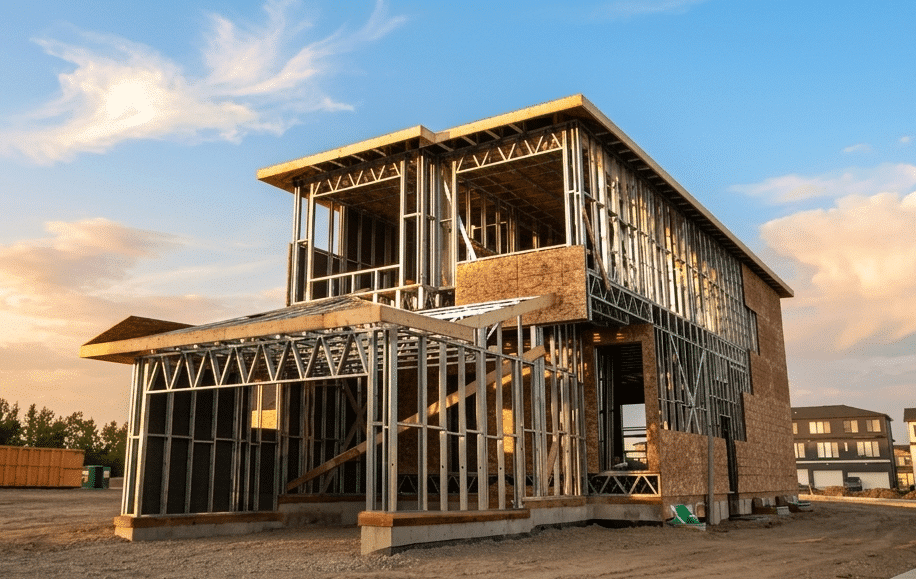 Steel frame construction inside a Cantiro home before drywall installation