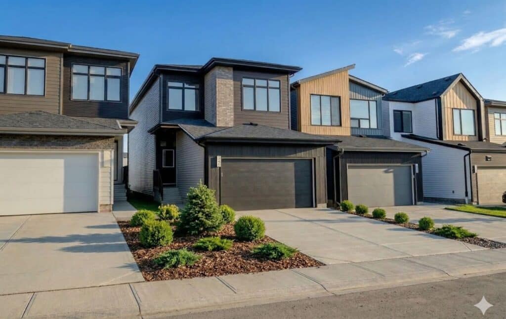 Streetscape of Life Collection single family homes with front‑attached garages in the Roseburn community, Fort Saskatchewan, Alberta.
