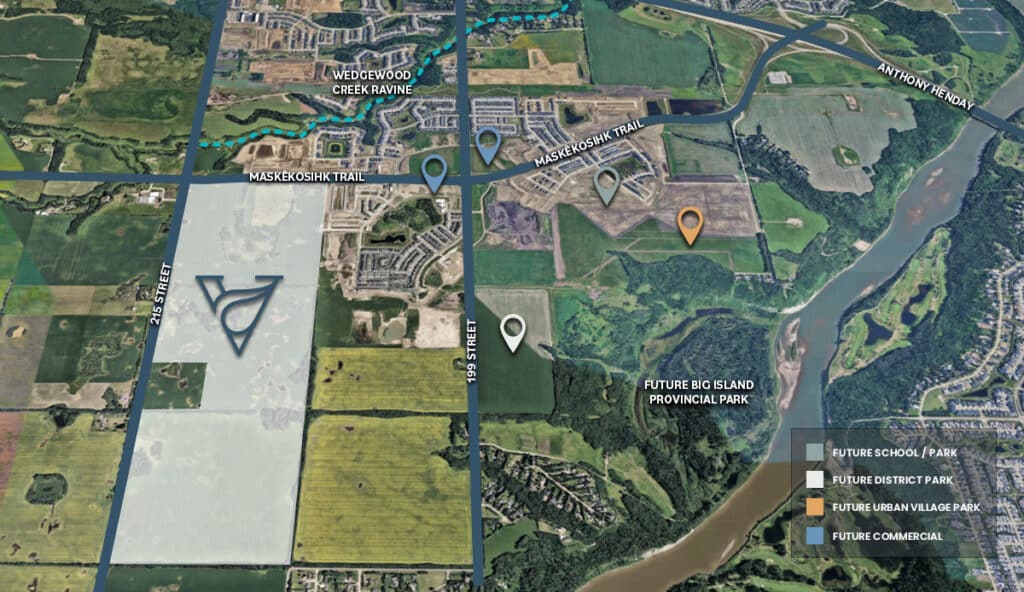 Map showing the Verge at Stillwater community location in West Edmonton near parks, trails, and amenities