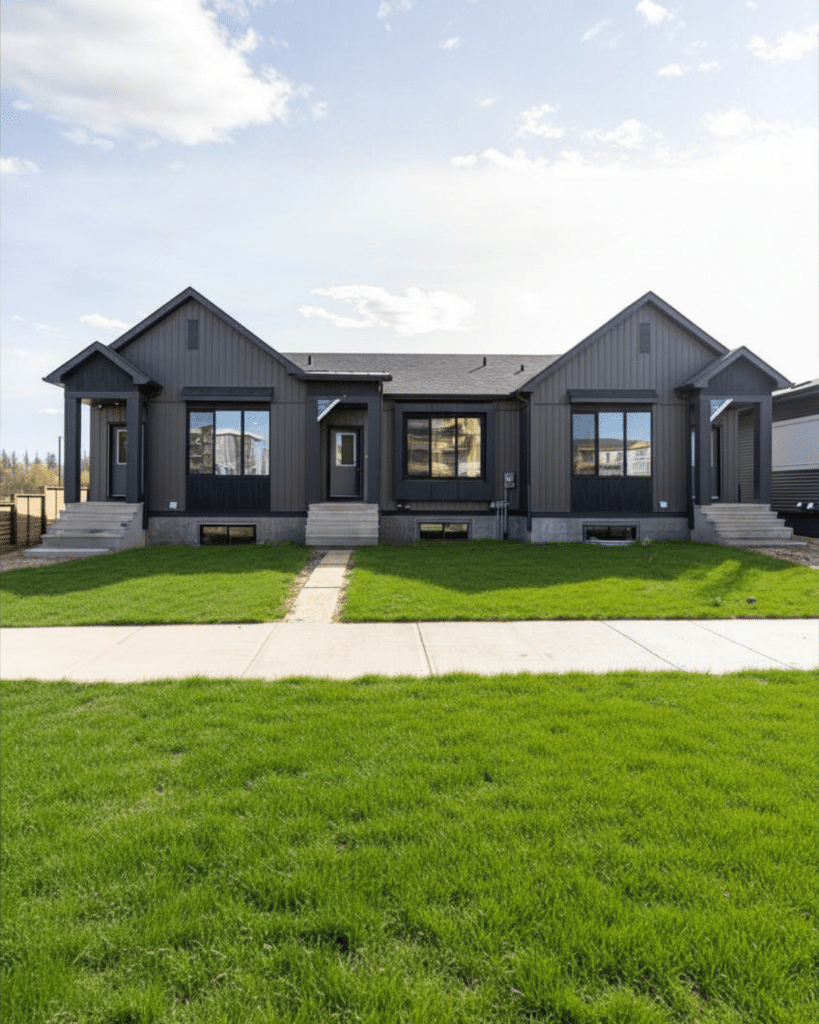 Modern bungalow-style duplex exterior in Edmonton ideal for seniors downsizing into low-maintenance living