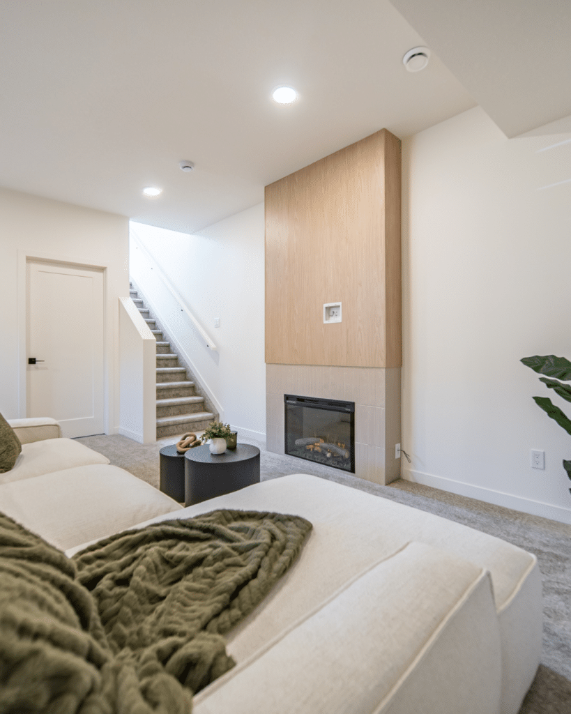 Open living area with fireplace and stairs in Edmonton townhome suitable for rightsizing and simplified living