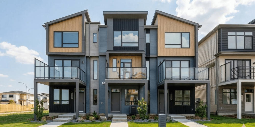 Modern townhomes in Edmonton community, showcasing Edmonton home builders and new home construction options available from the best home builders in Edmonton.