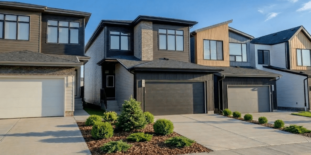 New front-drive homes in suburban Edmonton community, showcasing single family homes from Edmonton home builders.