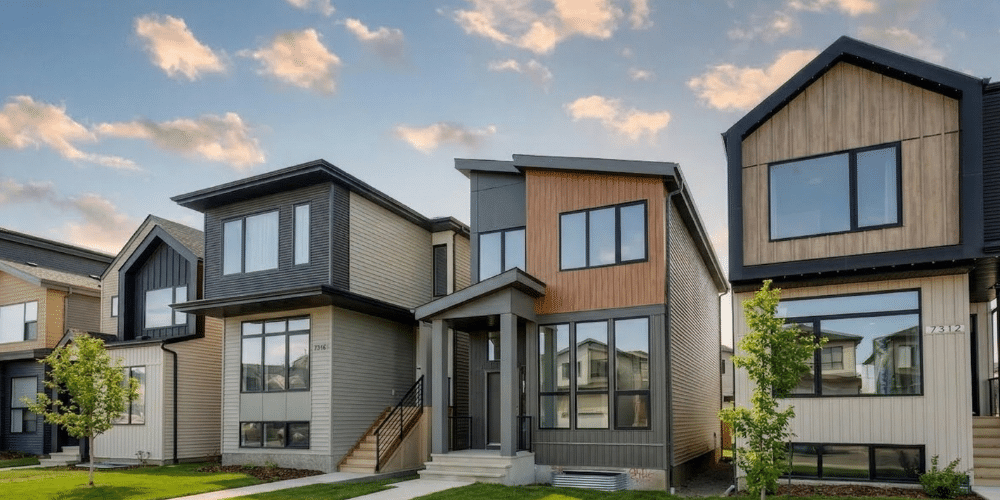 Rear lane homes in Edmonton neighbourhood, representing efficient and modern home construction by the best home builders in Edmonton.