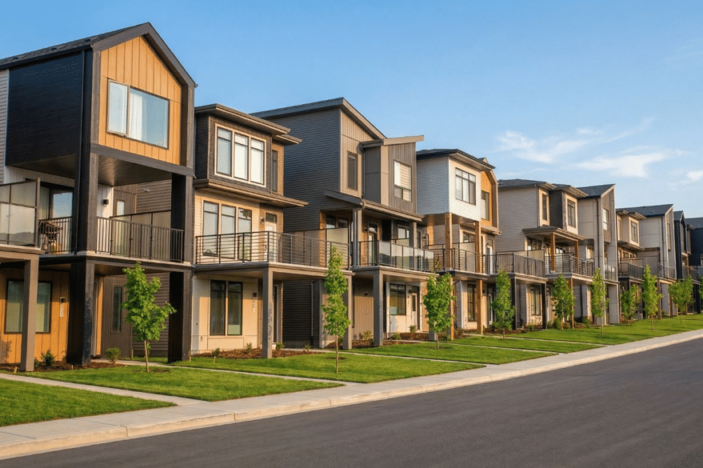 Modern 3-storey homes in a newer Edmonton community, illustrating contemporary housing options available in master-planned neighbourhoods.