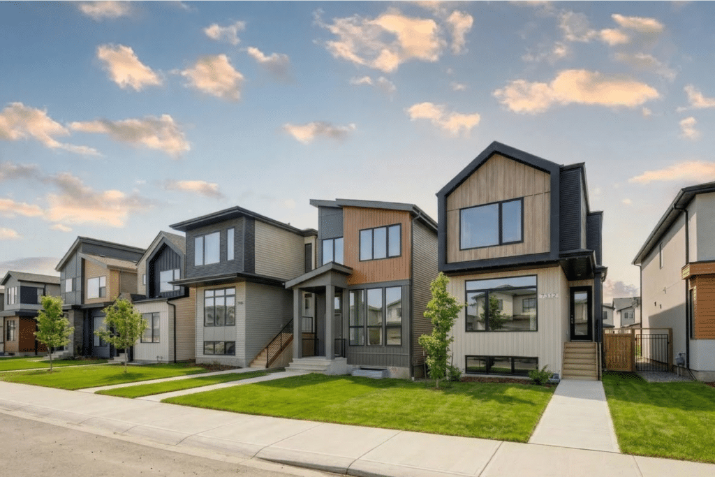 Collection of detached rear-lane homes in a growing Edmonton neighbourhood with landscaped streets and pedestrian-friendly design.
